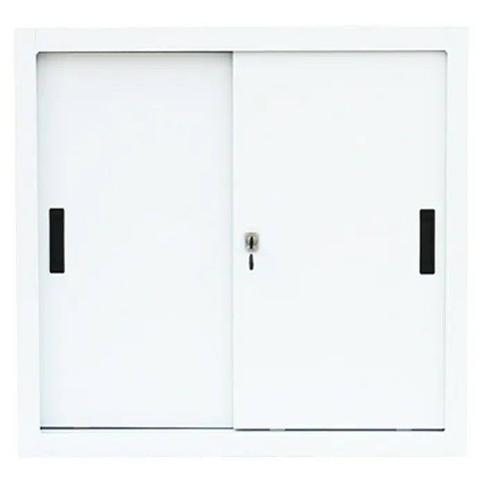 Lüllmann Schiebetür Schrank - H x B x T: 75 x 80 x 45 cm, Signalweiß, Fertig montiert, Anzahl Böden: 1 Stk. - Aufnahme eines weißen Metallschranks mit Schiebetüren und schwarzen Griffen, der sich ideal für die Büroaufbewahrung eignet.
