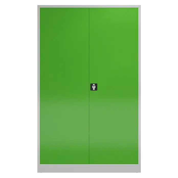 Lüllmann ClassiX Metall-Mehrzweckschrank - H x B x T: 194,5 x 120 x 60 cm, Lichtgrau/Gelbgrün, Fertig montiert, Anzahl Böden: 4 Stk. - Grüner Schrank mit silbernem Rahmen und schwarzem Schloss, ideal für die Aufbewahrung im Büro oder zu Hause.
