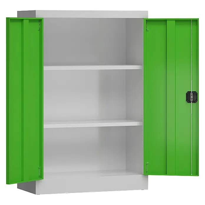 Lüllmann ClassiX Metall-Mehrzweckschrank - H x B x T: 120 x 80 x 38 cm, Lichtgrau/Gelbgrün, Fertig montiert, Anzahl Böden: 2 Stk. - Dieser Schrank mit offenen grünen Türen und weißen Regalen bietet viel Stauraum. Ideal für Büro oder Werkstatt.