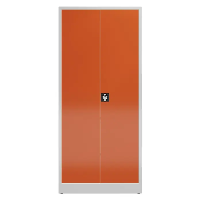 Lüllmann ClassiX Metall-Mehrzweckschrank - H x B x T: 180 x 80 x 38 cm, Lichtgrau/Feuerrot, Fertig montiert, Anzahl Böden: 4 Stk. - Abbildung eines orangefarbenen Stahlschranks mit zwei Türen und einem mittig angebrachten Drehverschluss.