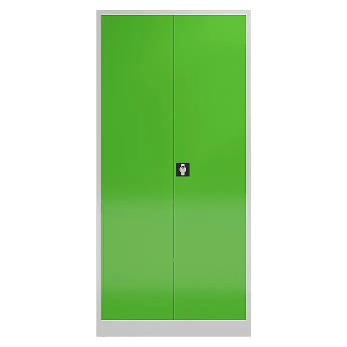 Lüllmann ClassiX Metall-Mehrzweckschrank - H x B x T: 194,5 x 92 x 60 cm, Lichtgrau/Gelbgrün, Fertig montiert, Anzahl Böden: 4 Stk. - Grüner Büroschrank mit zwei Türen und silberfarbenem Rahmen. Ideal zur Aufbewahrung von Dokumenten und Büromaterialien.
