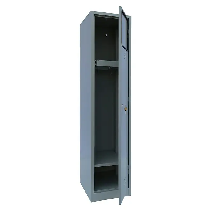 Lüllmann Wäscheschrank - H x B x T: 180 x 41,5 x 50 cm, Lichtgrau, Fertig montiert, Anzahl Türen: 1 Stk. - Offener grauer Metallspind mit Hängestange, Ablagefläche und Schlüsselschloss. Ideal für Büro, Schule und Umkleideräume.