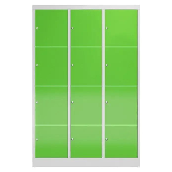 Lüllmann ClassiX Schließfachschrank - H x B x T: 180 x 118,5 x 50 cm, Lichtgrau/Gelbgrün, Fertig montiert, Anzahl Fächer: 12 Stk. - Hellgrüne Schließfächer mit silbernen Griffen in einer Dreierreihe für eine sichere Aufbewahrung.