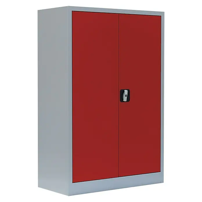 Lüllmann Metall-Mehrzweckschrank - H x B x T: 120 x 92,5 x 42,2 cm, Lichtgrau/Feuerrot, Fertig montiert, Anzahl Böden: 2 Stk. - Roter Stahlschrank mit robusten Türen und einem stabilen, grauem Rahmen, ideal für die sichere Aufbewahrung von Wertgegenständen.