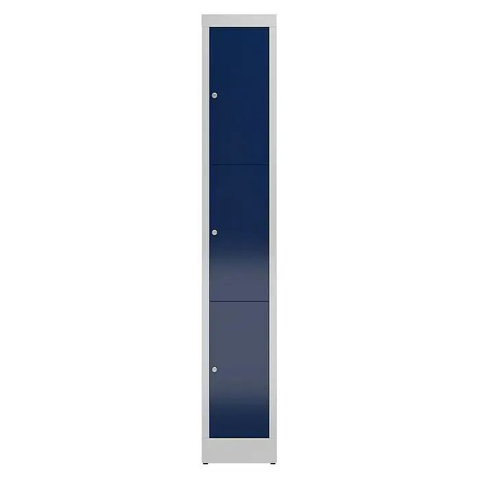 Lüllmann ClassiX Schließfachschrank - H x B x T: 180 x 31 x 50 cm, Lichtgrau/Enzianblau, Fertig montiert, Anzahl Fächer: 3 Stk. - Blauer Spind mit drei Fächern und silbernem Rahmen, ideal für die Aufbewahrung persönlicher Gegenstände in Schulen oder Büros.