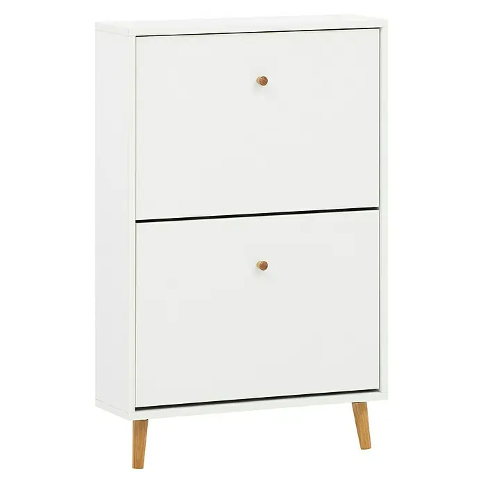 Schildmeyer Bjarne Schuhschrank - L x B x H: 19,5 x 59,8 x 92,2 cm, Weiß, Anzahl Fächer: 2 Stk. - Elegantes Schuhschrankmöbelstück in Weiß mit Holzgriffen und Beinen, ideal für die stilvolle Aufbewahrung Ihrer Schuhe.