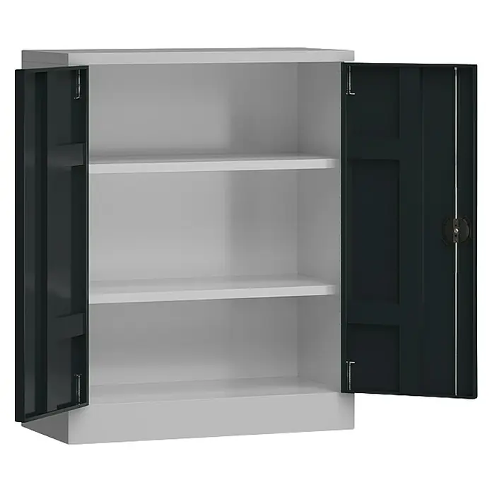 Lüllmann ClassiX Metall-Mehrzweckschrank - H x B x T: 100 x 80 x 38 cm, Lichtgrau/Anthrazit, Fertig montiert, Anzahl Böden: 2 Stk. - Offener weißer Schrank mit zwei Regalen und zwei dunklen Türen. Der Schrank bietet Stauraum und ist ideal für Büro oder Zuhause.