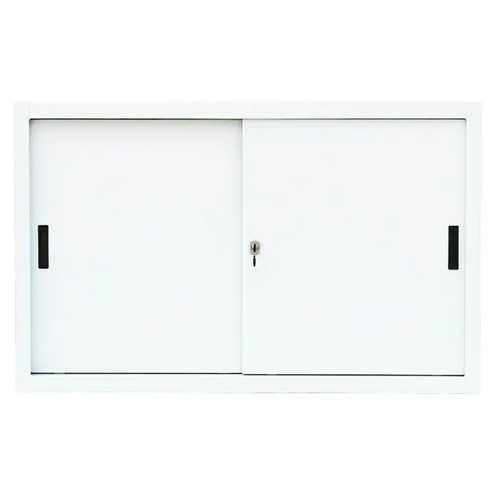 Lüllmann Schiebetür Schrank - H x B x T: 75 x 120 x 45 cm, Signalweiß, Fertig montiert, Anzahl Böden: 1 Stk. - Weißer Aktenschrank mit Schiebetüren und einem Schloss in der Mitte, ideal für Büros zur sicheren Aufbewahrung von Dokumenten.