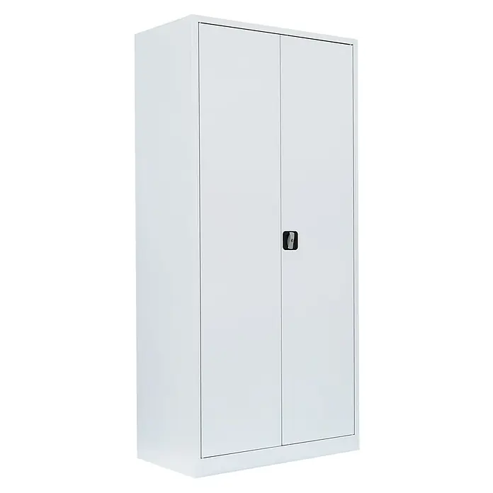 Lüllmann Metall-Mehrzweckschrank - H x B x T: 195 x 92,5 x 50 cm, Signalweiß, Fertig montiert, Anzahl Böden: 4 Stk. - Ein weißer Büroschrank mit zwei Türen und einem schwarzen Griff, ideal für die Aufbewahrung von Dokumenten und Büromaterialien.