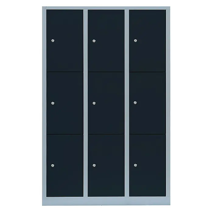 Lüllmann Schließfachschrank - H x B x T: 180 x 118,5 x 50 cm, Lichtgrau/Anthrazit, Fertig montiert, Anzahl Fächer: 9 Stk. - Bild eines schwarzen Spindschranks mit 9 Fächern, ideal für die Aufbewahrung persönlicher Gegenstände.