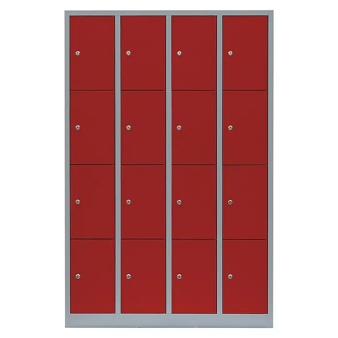 Lüllmann Schließfachschrank - H x B x T: 180 x 117 x 50 cm, Lichtgrau/Feuerrot, Fertig montiert, Anzahl Fächer: 16 Stk. - Diese Aufnahme zeigt eine Reihe von roten Metallschränken mit silberfarbenen Schlössern, die sich ideal für die sichere Aufbewahrung eignen.