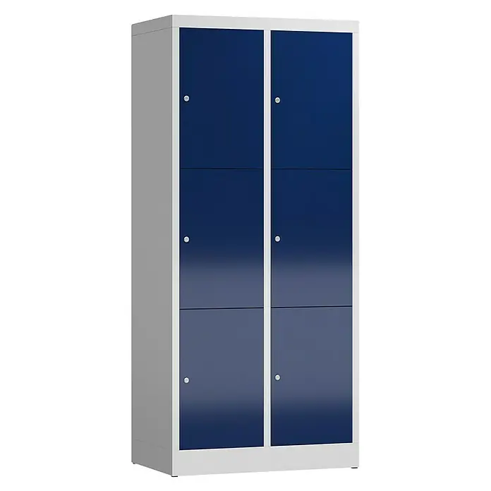 Lüllmann ClassiX Schließfachschrank - H x B x T: 180 x 80 x 50 cm, Lichtgrau/Enzianblau, Fertig montiert, Anzahl Fächer: 6 Stk. - Blauer Schließfachschrank mit sechs Türen und weißem Rahmen. Perfekt für Büro oder Schule, bietet er sichere Aufbewahrung.