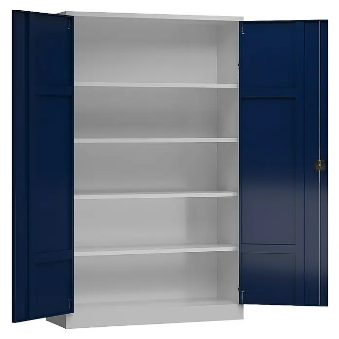Lüllmann ClassiX Metall-Mehrzweckschrank - H x B x T: 194,5 x 120 x 42 cm, Lichtgrau/Enzianblau, Fertig montiert, Anzahl Böden: 4 Stk. - Blauer Flügeltürenschrank mit verstellbaren Einlegeböden bietet viel Stauraum für Büro oder Zuhause. Praktisch und stilvoll.