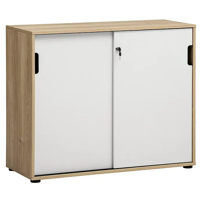 Schildmeyer Emmik Schiebetürschrank - L x B x H: 41 x 100,1 x 83,6 cm, Weiß/Eiche - Dieser Schrank in Holzoptik verfügt über weiße Schiebetüren und ein Schloss mit Schlüssel. Ideal für Büro oder Zuhause.