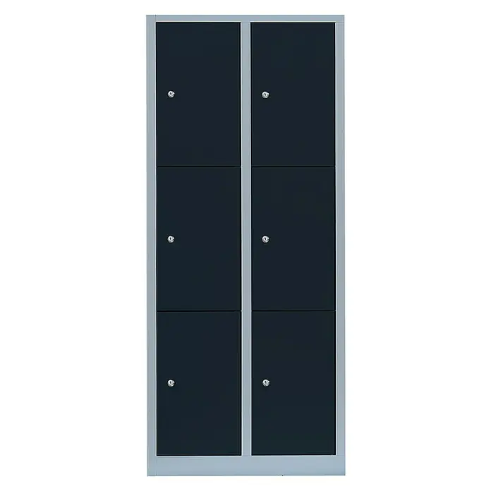 Lüllmann Schließfachschrank - H x B x T: 180 x 80 x 50 cm, Lichtgrau/Anthrazit, Fertig montiert, Anzahl Fächer: 6 Stk. - Aufnahme eines grauen Schließfachschranks mit sechs Fächern und silbernen Griffen, ideal für Organisation und Aufbewahrung in Büros oder Schulen.