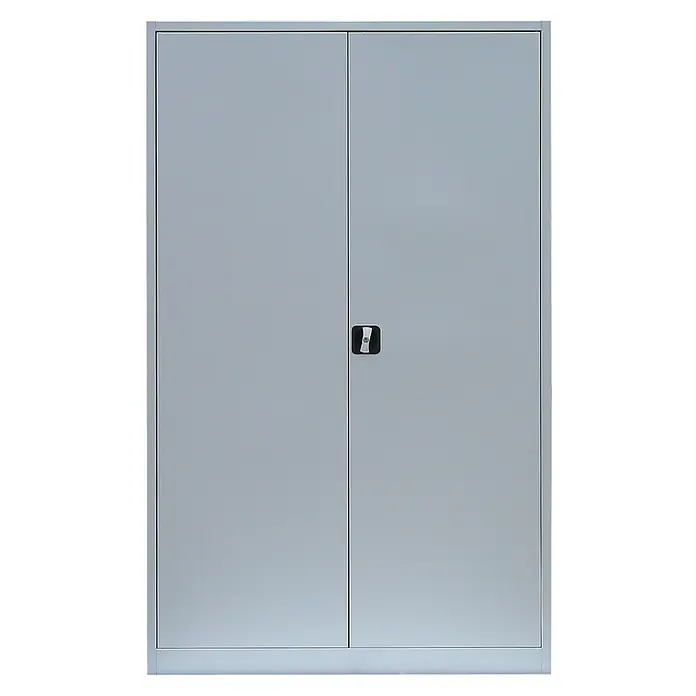 Lüllmann Metall-Mehrzweckschrank - H x B x T: 195 x 120 x 60 cm, Lichtgrau, Fertig montiert, Anzahl Böden: 4 Stk. - Grauer Metallschrank mit zwei Türen und einem schwarzen Griff in der Mitte. Praktische Aufbewahrungslösung.