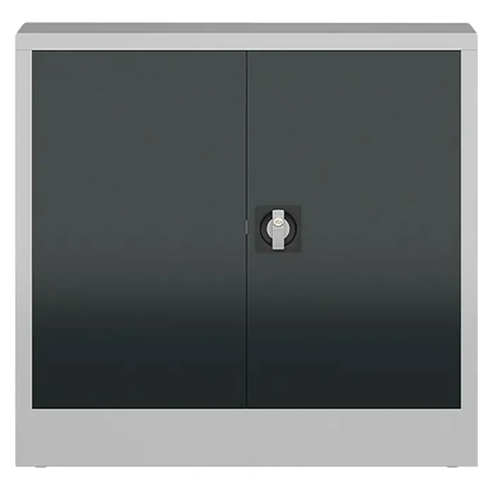 Lüllmann ClassiX Metall-Mehrzweckschrank - H x B x T: 75 x 80 x 38 cm, Lichtgrau/Anthrazit, Fertig montiert, Anzahl Böden: 1 Stk. - Grauer Stahlschrank mit zwei Türen und einem Drehgriffschloss in der Mitte. Ideal für Büro oder Werkstatt, bietet sicheren Stauraum.