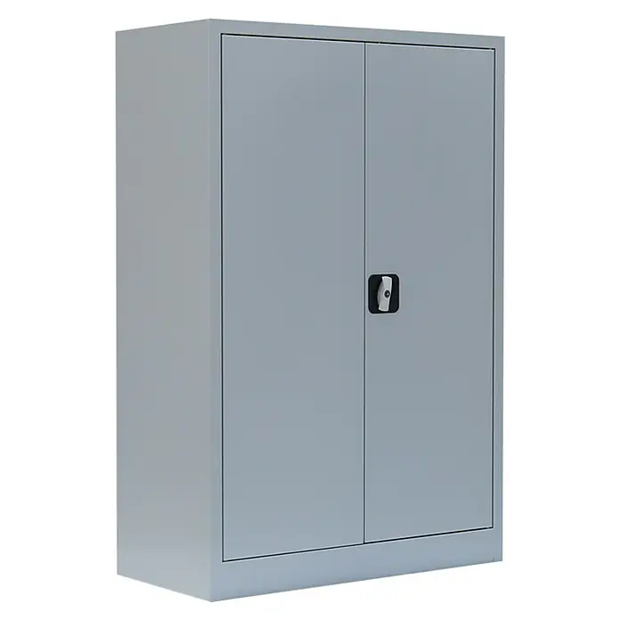 Lüllmann Metall-Mehrzweckschrank - H x B x T: 120 x 92,5 x 42,2 cm, Lichtgrau, Fertig montiert, Anzahl Böden: 2 Stk. - Bild eines grauen Aktenschranks mit zwei Türen und einem Griff. Ideal für die Aufbewahrung im Büro.