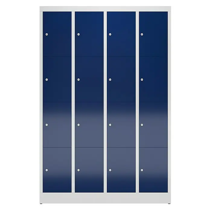 Lüllmann ClassiX Schließfachschrank - H x B x T: 180 x 118,5 x 50 cm, Lichtgrau/Enzianblau, Fertig montiert, Anzahl Fächer: 16 Stk. - Ein Schrank mit blauen Türen in einem weißen Rahmen. Ideal für Fitnessstudios, Schulen oder Büros zur Aufbewahrung persönlicher Gegenstände.