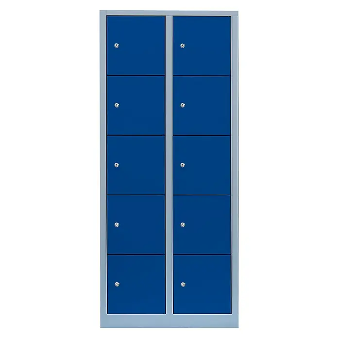 Lüllmann Schließfachschrank - H x B x T: 180 x 80 x 50 cm, Lichtgrau/Enzianblau, Fertig montiert, Anzahl Fächer: 10 Stk. - Blaue Schließfächer mit silbergrauem Rahmen. Zehn Fächer, zwei Spalten, jedes mit Schloss, ideal für Schule, Sport oder Büro.