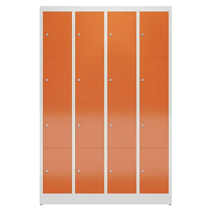 Lüllmann ClassiX Schließfachschrank - H x B x T: 180 x 118,5 x 50 cm, Lichtgrau/Feuerrot, Fertig montiert, Anzahl Fächer: 16 Stk. - Schrankwand mit orangefarbenen Türen und silbernen Griffen in einem weißen Rahmen. Ideal für Büros oder Schulen.