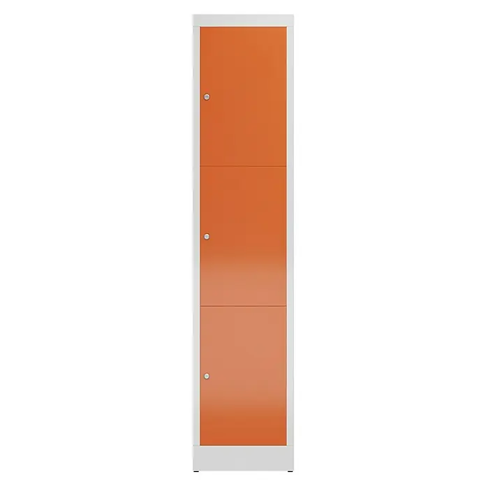 Lüllmann ClassiX Schließfachschrank - H x B x T: 180 x 41,5 x 50 cm, Lichtgrau/Feuerrot, Fertig montiert, Anzahl Fächer: 3 Stk. - Schrank mit drei orangefarbenen Fächern und weißen Griffen, ideal für stilvolle und funktionale Aufbewahrung.