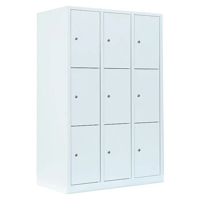 Lüllmann Schließfachschrank - H x B x T: 180 x 118,5 x 50 cm, Signalweiß, Fertig montiert, Anzahl Fächer: 9 Stk. - Ein weißer Spindschrank mit neun abschließbaren Fächern, ideal für Umkleideräume oder Büros zur sicheren Aufbewahrung von persönlichen Gegenständen.