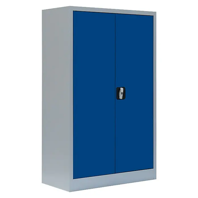 Lüllmann Metall-Mehrzweckschrank - H x B x T: 120 x 80 x 38,3 cm, Lichtgrau/Enzianblau, Fertig montiert, Anzahl Böden: 2 Stk. - Ein blauer Stahlschrank mit zwei Türen und grauem Rahmen, ideal für Büro oder Werkstatt zur sicheren Aufbewahrung von Dokumenten und Materialien.