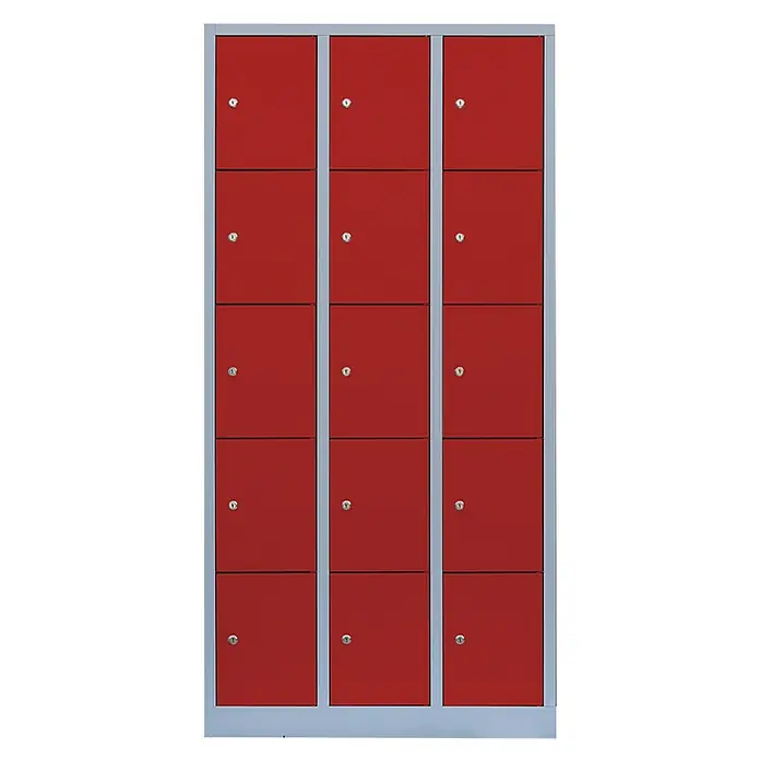 Lüllmann Schließfachschrank - H x B x T: 180 x 88,5 x 50 cm, Lichtgrau/Feuerrot, Fertig montiert, Anzahl Fächer: 15 Stk. - Rote Schließfächer in einer Reihe, ideal für Schulen, Fitnessstudios oder Arbeitsplätze. Robuste Konstruktion mit sicheren Schlössern für persönliche Gegenstände.