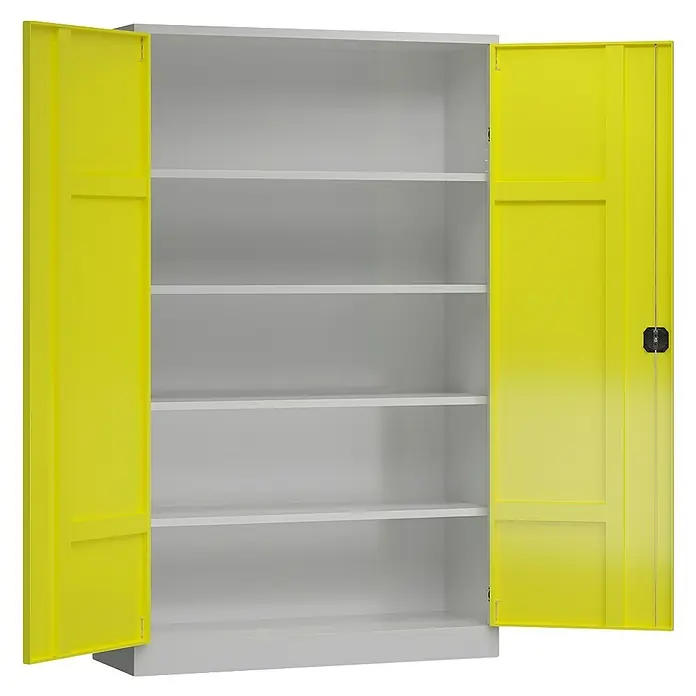 Lüllmann ClassiX Metall-Mehrzweckschrank - H x B x T: 194,5 x 120 x 60 cm, Lichtgrau/Zinkgelb, Fertig montiert, Anzahl Böden: 4 Stk. - Ein offener, grauer Metallschrank mit fünf Regalböden und gelben Türen, der viel Stauraum bietet. Ideal für Büro oder Werkstatt.