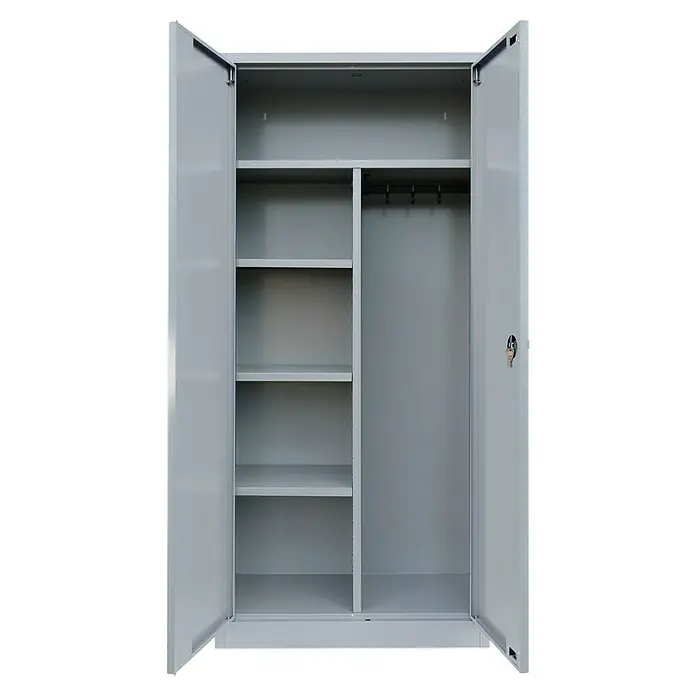 Lüllmann Metall-Mehrzweckschrank - H x B x T: 180 x 80 x 38,3 cm, Lichtgrau, Fertig montiert, Anzahl Böden: 3 Stk. - Geöffneter, grauer Metall-Kleiderschrank mit Regalen und Kleiderstange für Büro oder Werkstatt zur Aufbewahrung von Dokumenten und Arbeitskleidung.