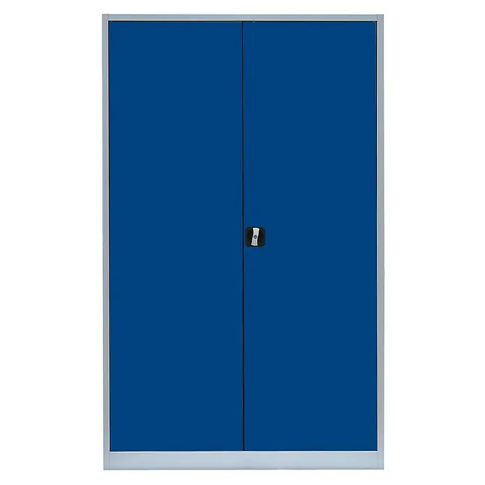 Lüllmann Metall-Mehrzweckschrank - H x B x T: 195 x 120 x 42,2 cm, Lichtgrau/Enzianblau, Fertig montiert, Anzahl Böden: 4 Stk. - Blauer zweitüriger Werkzeugschrank mit silbernem Rahmen und schwarzem Griff. Ideal für die Aufbewahrung von Werkzeugen und Ausrüstung.