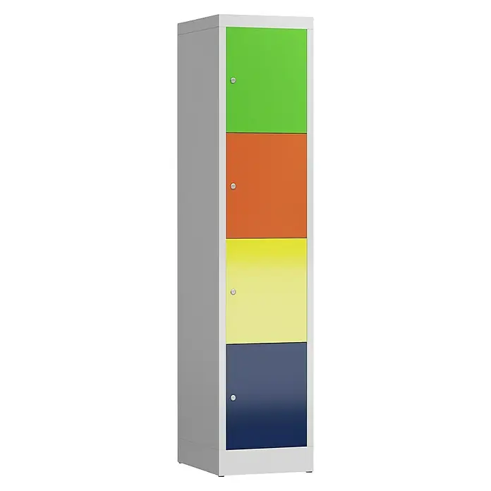 Lüllmann ClassiX Schließfachschrank - H x B x T: 180 x 41,5 x 50 cm, Lichtrgau/Mehrfarbig, Fertig montiert, Anzahl Fächer: 4 Stk. - Ansicht eines bunten Spindschranks mit vier Fächern in Grün, Orange, Gelb und Blau, ideal zur Aufbewahrung in Schulen oder Büros.
