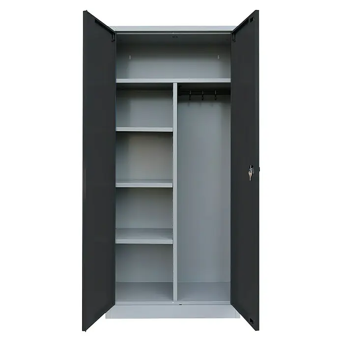 Lüllmann Metall-Mehrzweckschrank - H x B x T: 180 x 80 x 38,3 cm, Lichtgrau/Anthrazit, Fertig montiert, Anzahl Böden: 3 Stk. - Geräumiger grauer Metallschrank mit offenen Türen, der viel Stauraum mit Regalen und einer Kleiderstange bietet. Ideal für Büro und Zuhause.