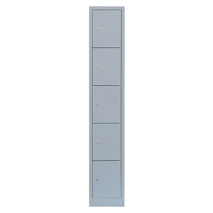 Lüllmann Schließfachschrank - H x B x T: 180 x 31,5 x 50 cm, Lichtgrau, Fertig montiert, Anzahl Fächer: 5 Stk. - Graue Schließfächer mit fünf Türen, ideal für sichere Aufbewahrung in Schulen oder Fitnessstudios. Jedes Fach ist mit einem eigenen Schloss versehen.