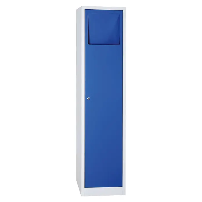 Lüllmann Wäscheschrank - H x B x T: 180 x 41,5 x 50 cm, Lichtgrau/Enzianblau, Fertig montiert, Anzahl Türen: 1 Stk. - Aufnahme des blauen Spindschranks mit weißem Rahmen, der ein modernes Design und Funktionalität für verschiedene Umgebungen bietet.