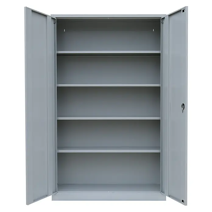 Lüllmann Metall-Mehrzweckschrank - H x B x T: 195 x 120 x 60 cm, Lichtgrau, Fertig montiert, Anzahl Böden: 4 Stk. - Ein offener, grauer Metallschrank mit fünf Regalböden für Büro, Werkstatt oder Lager. Er bietet viel Stauraum.