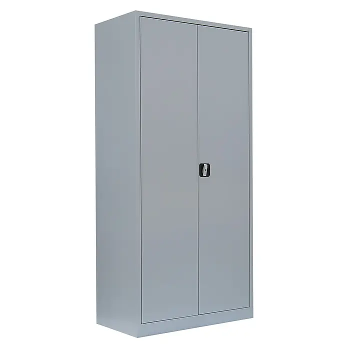 Lüllmann Metall-Mehrzweckschrank - H x B x T: 195 x 92,5 x 50 cm, Lichtgrau, Fertig montiert, Anzahl Böden: 4 Stk. - Ein grauer Metallschrank mit zwei Türen und einem schwarzen Griff, ideal für Büro oder Werkstatt, bietet viel Stauraum für diverse Utensilien.