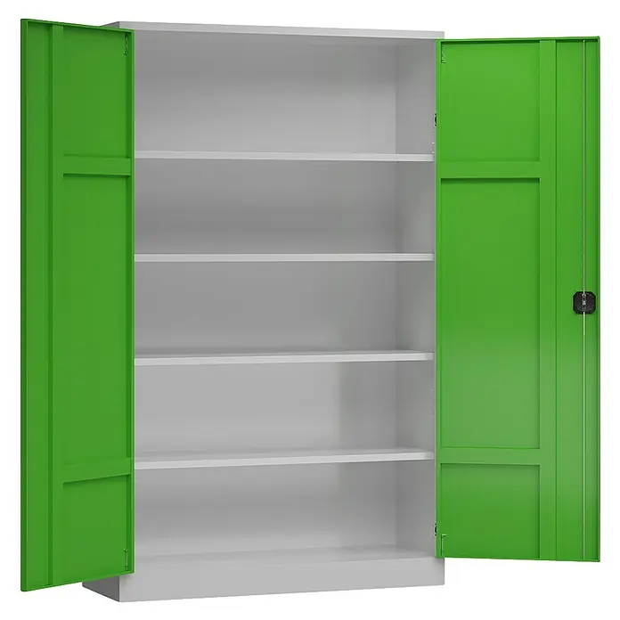 Lüllmann ClassiX Metall-Mehrzweckschrank - H x B x T: 194,5 x 120 x 60 cm, Lichtgrau/Gelbgrün, Fertig montiert, Anzahl Böden: 4 Stk. - Ein offener, grüner Metallschrank mit hellen Regalen. Perfekt für Lagerung und Organisation.