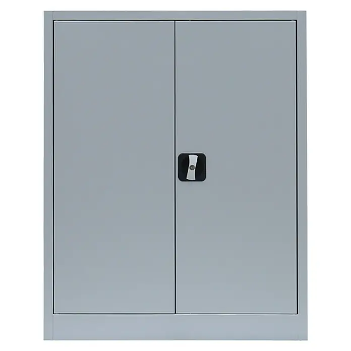 Lüllmann Metall-Mehrzweckschrank - H x B x T: 100 x 80 x 38,3 cm, Lichtgrau, Fertig montiert, Anzahl Böden: 2 Stk. - Grauer Büroschrank mit zwei Türen und einem Griff in der Mitte, ideal für die Aufbewahrung von Dokumenten und Büromaterial.