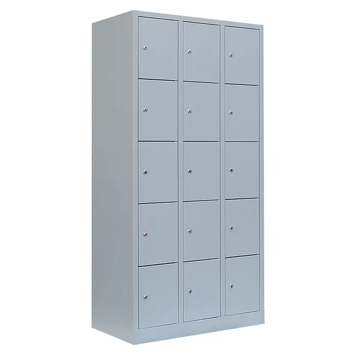 Lüllmann Schließfachschrank - H x B x T: 180 x 88,5 x 50 cm, Lichtgrau, Fertig montiert, Anzahl Fächer: 15 Stk. - Grauer Spindschrank mit 15 Fächern und Schlössern, ideal zur Aufbewahrung. Praktisch und sicher für Büro, Schule oder Fitnessstudio.
