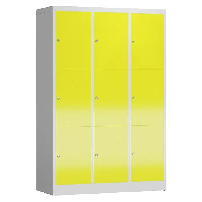 Lüllmann ClassiX Schließfachschrank - H x B x T: 180 x 118,5 x 50 cm, Lichtgrau/Zinkgelb, Fertig montiert, Anzahl Fächer: 9 Stk. - Gelber Metallspind mit neun Fächern, ideal für Schulen oder Umkleideräume, mit sicheren Schlössern für persönliche Gegenstände.