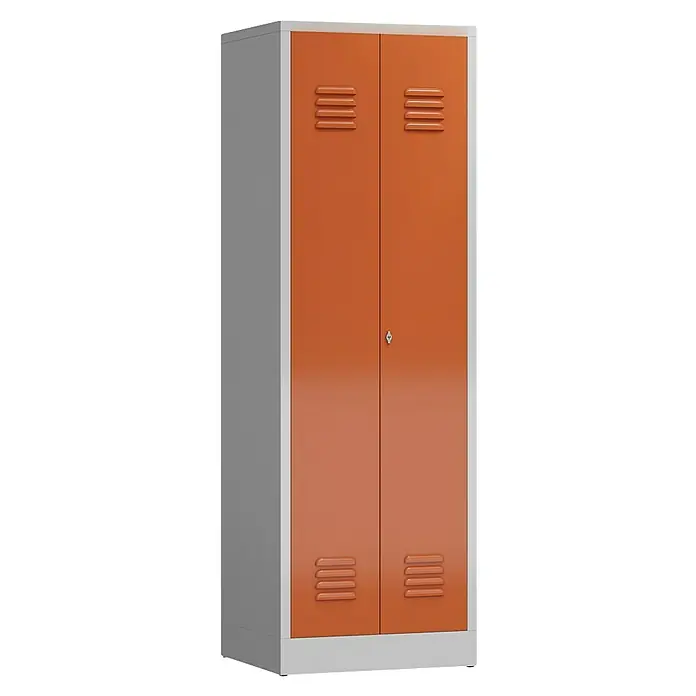 Lüllmann ClassiX Metall-Mehrzweckschrank - H x B x T: 180 x 59 x 50 cm, Lichtgrau/Feuerrot, Fertig montiert, Anzahl Böden: 4 Stk. - Abbildung eines orangefarbenen Metallspinds mit zwei Türen, ideal für die Aufbewahrung und Organisation von Gegenständen im Büro oder zu Hause.
