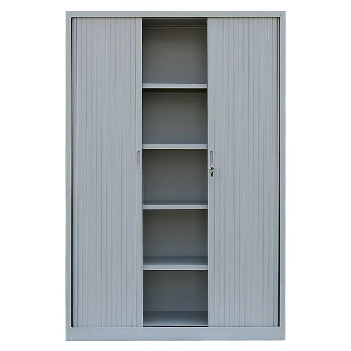 Lüllmann Rollladenschrank - H x B x T: 195 x 120 x 45,7 cm, Lichtgrau, Fertig montiert, Anzahl Böden: 4 Stk. - Helles Rollschrank-Produktbild mit verstellbaren Regalen. Der graue Schrank bietet viel Stauraum für Büro und Zuhause.