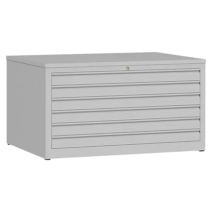 Lüllmann Planschrank - H x B x T: 60,5 x 113,5 x 83,5 cm, Lichtgrau, Fertig montiert, Anzahl Schubladen: 6 Stk. - Abbildung eines grauen Aktenschranks mit fünf Schubladen. Ideale Bürolösung zur Organisation von Dokumenten und Materialien.