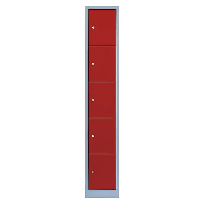 Lüllmann Schließfachschrank - H x B x T: 180 x 31,5 x 50 cm, Lichtgrau/Feuerrot, Fertig montiert, Anzahl Fächer: 5 Stk. - Rote Spindschränke mit fünf Fächern. Diese robusten Schränke bieten eine sichere Aufbewahrungslösung mit abschließbaren Türen.