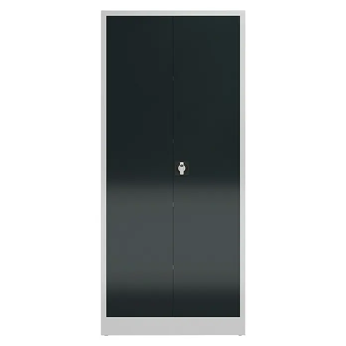 Lüllmann ClassiX Metall-Mehrzweckschrank - H x B x T: 180 x 80 x 38 cm, Lichtgrau/Anthrazit, Fertig montiert, Anzahl Böden: 3 Stk. - Abbildung eines grauen Doppeltürenschranks mit einem Drehknopf zum Öffnen der Türen und einem weißen Rahmen.