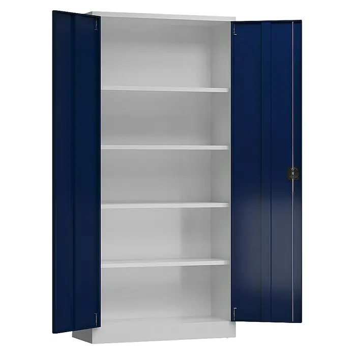 Lüllmann ClassiX Metall-Mehrzweckschrank - H x B x T: 194,5 x 92 x 42 cm, Lichtgrau/Enzianblau, Fertig montiert, Anzahl Böden: 4 Stk. - Der offene, weiße Aktenschrank mit blauen Türen bietet viel Stauraum für Bürobedarf und Dokumente. Perfekt für ein organisiertes Büro.