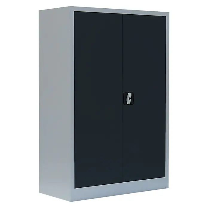 Lüllmann Metall-Mehrzweckschrank - H x B x T: 120 x 92,5 x 42,2 cm, Lichtgrau/Anthrazit, Fertig montiert, Anzahl Böden: 2 Stk. - Ein grauer Büroschrank mit zwei anthrazitfarbenen Türen und einem Griff. Der Schrank ist schlicht und funktional gestaltet.