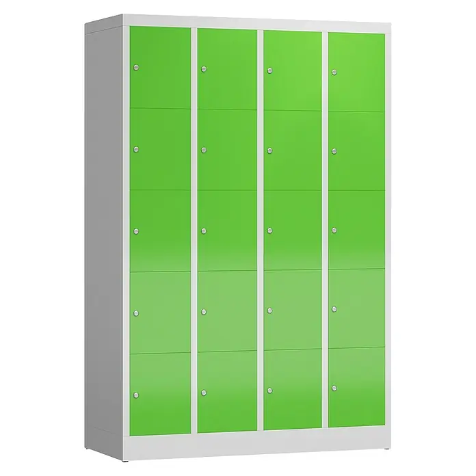 Lüllmann ClassiX Schließfachschrank - H x B x T: 180 x 118,5 x 50 cm, Lichtgrau/Gelbgrün, Fertig montiert, Anzahl Fächer: 20 Stk. - Helle, grüne Spindschränke mit vier Abteilen und je vier Fächern für die ordentliche Aufbewahrung von Gegenständen und Kleidung.